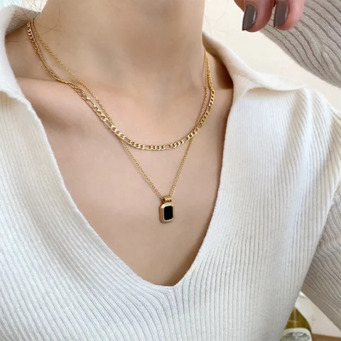 Dual Chain Black Stone Necklace